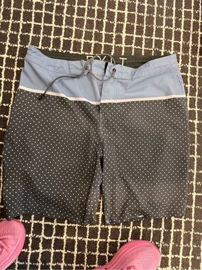 BYLT Basics Gray Polka Dot Swim Board Shorts with Light Blue Waist
